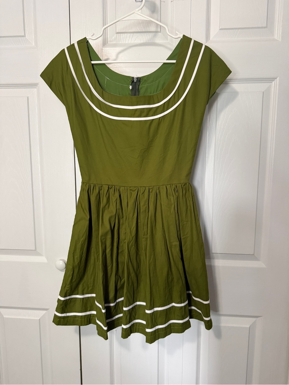 Handmade Vintage Style Olive Green Dress White Trim Fit & Flare XS/S